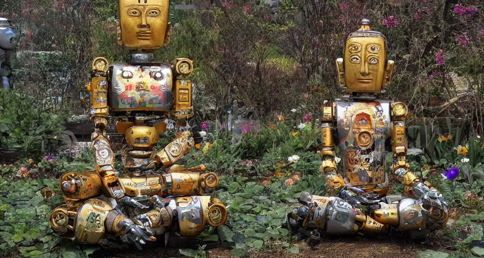 Image similar to a 1 0 0 0 armed quan yin robot sitting in prayer in the lotus garden made from scrap parts from a futuristic junkyard, digital art h 9 6 0