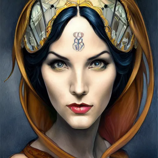 Image similar to an art nouveau, streamline moderne, multi - ethnic and multi - racial portrait in the style of charlie bowater, and in the style of donato giancola, and in the style of charles dulac. very large, clear, expressive, intelligent eyes. symmetrical, centered, ultrasharp focus, dramatic lighting, photorealistic digital painting, intricate ultra detailed background.