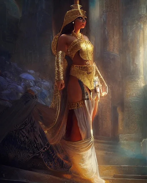 Image similar to Jessica Kahawaty as a beautiful egyptian princess, gorgeous, portrait, powerful, intricate, beautiful, masterpiece, elegant, volumetric lighting, back lighting, dramatic lighting, highly detailed, artstation, sharp focus, illustration, Artgerm, Jean-Léon Gérôme , ruan jia