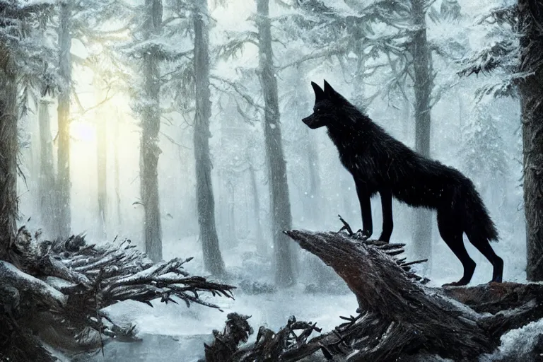 Image similar to a black wolf, standing on top of a fallen tree, winter forest, fantasy, greg rutkowski, cinematic, extremely detailed