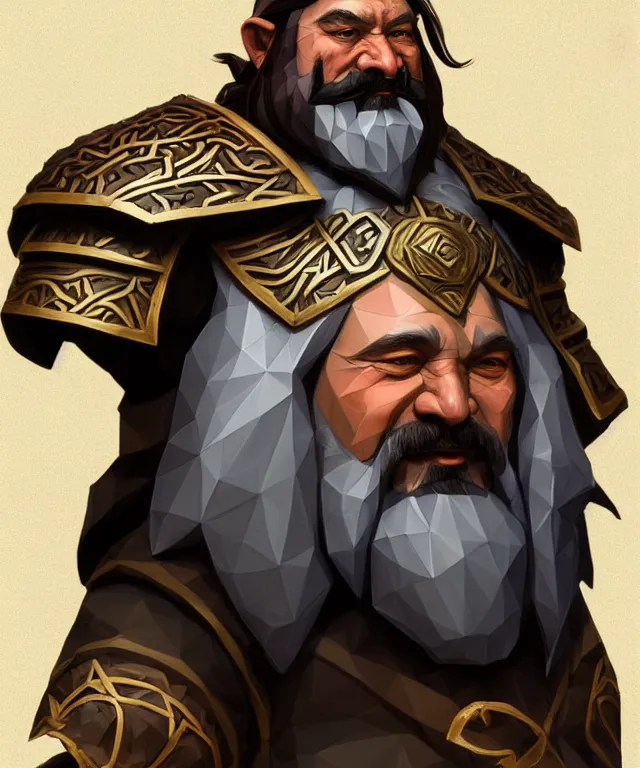 Image similar to 3D low poly render of old mongolian dwarven general portrait, armored, face, long hair, moustache, goatee, fantasy, intricate, elegant, highly detailed, digital painting, artstation, concept art, smooth, sharp focus, illustration, art by artgerm and greg rutkowski and alphonse mucha, in style of wold of warcraft