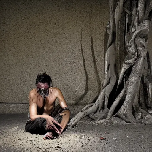 Image similar to The art installation shows a man caught in a storm, buffeted by wind and rain. He clings to a tree for support, but the tree is bent nearly double by the force of the storm. The man's clothing is soaked through and his hair is plastered to his head. His face is contorted with fear and effort. wabi-sabi, coloring-in sheet by William Steig lush