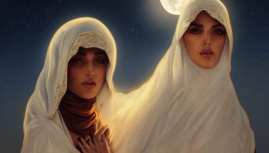 Image similar to Portrait of very very very very very very beautiful Arab woman wearing a Niqab, glowing magical eyes, energy trails, under giant full moon in the desert, intricate, elegant, highly detailed, digital painting, artstation, concept art, smooth, sharp focus, illustration, art by artgerm and greg rutkowski and alphonse mucha