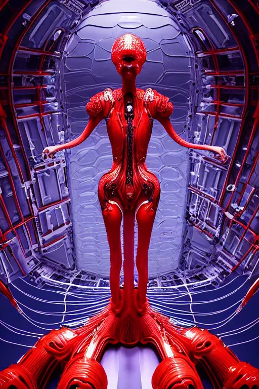 Image similar to background space station, red baroque inflateble dress iris van herpen positing on floor, helmet instead of a head, perfect symmetrical, full body shot, inflateble shapes, wires, tubes, veins, jellyfish, white biomechanical details, wearing epic bionic implants, masterpiece, intricate, biopunk, vogue, highly detailed, artstation, concept art