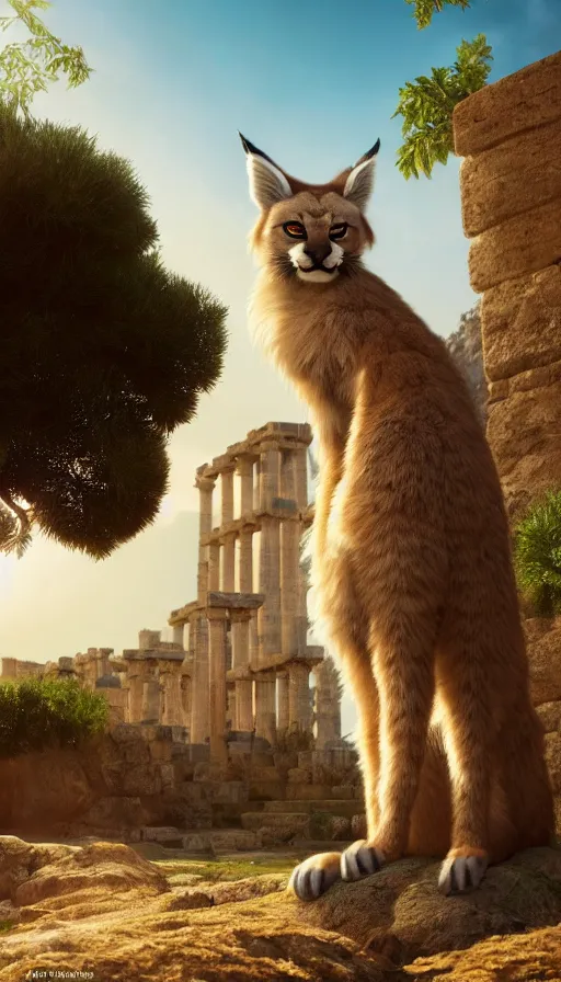 Image similar to fullbody photo of cute fluffy caracal as alexander the great, ancient greek city, sun behind him, sunny day, by ilya kuvshinov, rtx rendering, octane render 1 2 8 k, maya, extreme high intricate details by tom bagshaw, medium shot, close up shot, composition by sana takeda, lighting by greg rutkowski