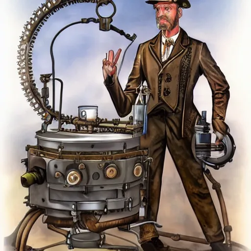 Prompt: A random pointless contraption ((steampunk)) industrial appliance pneumatic machine with no apparent purpose, being operated by a scholarly looking man with a clear directed gaze, artwork by Steve Henderson