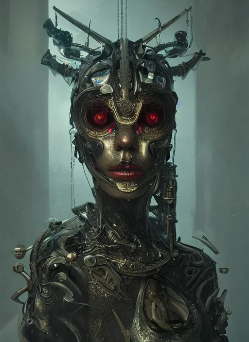 Image similar to portrait of futuristic demon cyborg, modern fine art, fractal, intricate, elegant, highly detailed, digital photography, subsurface scattering, by jheronimus bosch and greg rutkowski,