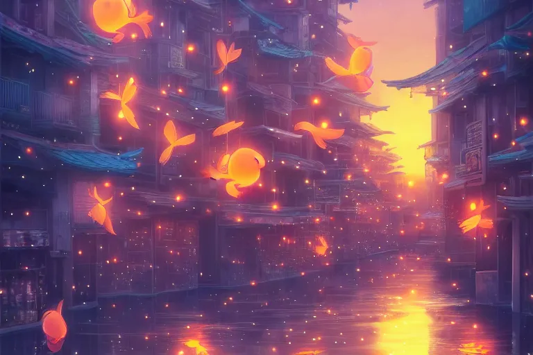 Prompt: fantasy art of glowing goldfish swimming in the air, in the streets of a japanese town at night, with people watching in wonder, by makoto shinkai, highly detailed digital art, trending on artstation