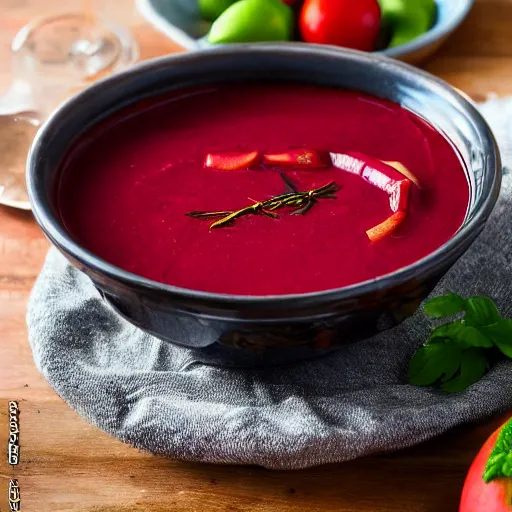 Prompt: a bowl of borscht soup that is a portal to another dimension, 8 k, high definition, highly detailed, photo - realistic