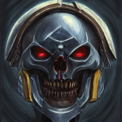 Prompt: space marine, knight, skull helmet, terrifying, grimdark, photorealistic, front view, symmetrical, artstation, art by brom