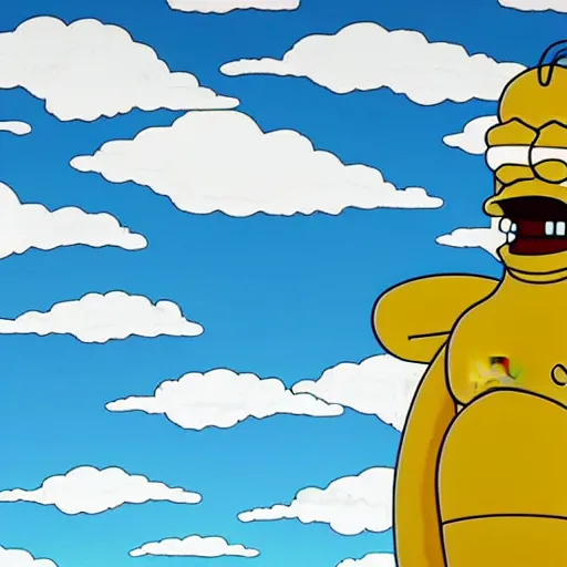 Image similar to wide angle Homer Simpson as C3PO, background blue sky puffy clouds cinematic 4k