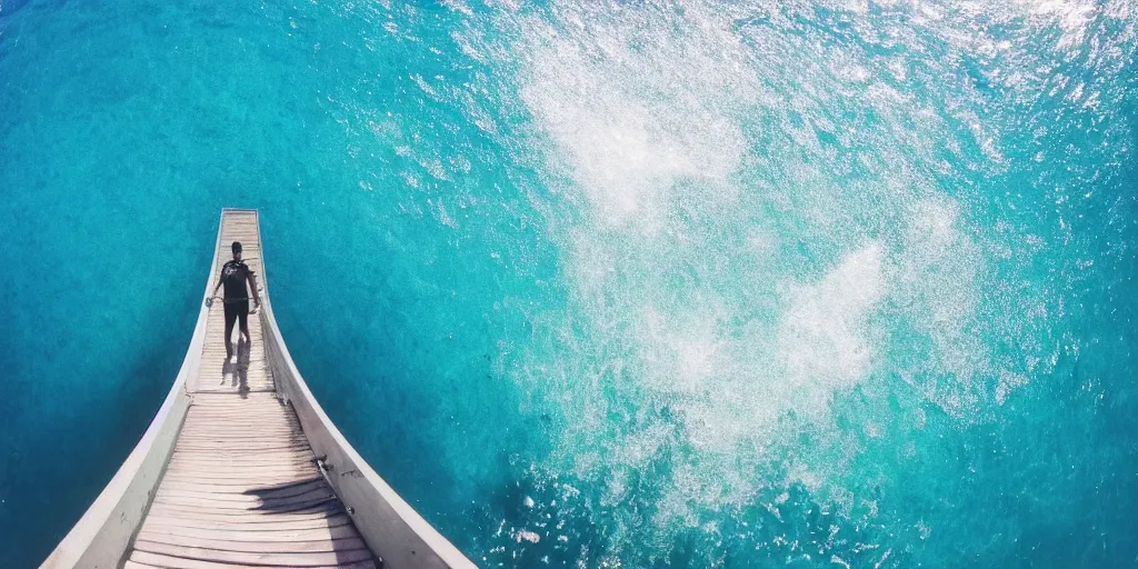 Image similar to gopro footage of a man walking into the ocean, azure blue water, slight grain