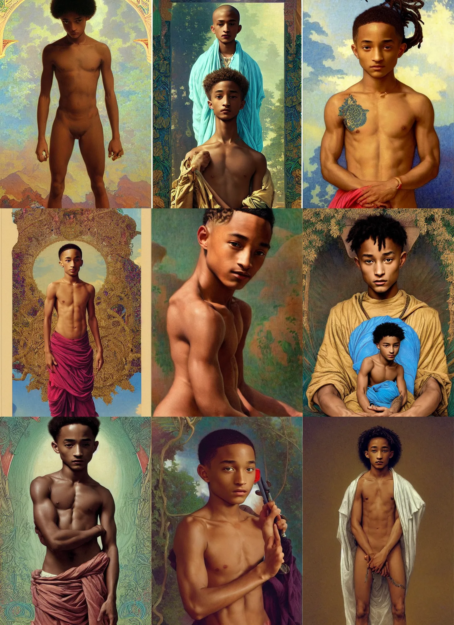 Prompt: jaden smith as young libu, shaved head, cyan cloth, intricate, sharp focus, illustration, orientalism, bouguereau, mucha