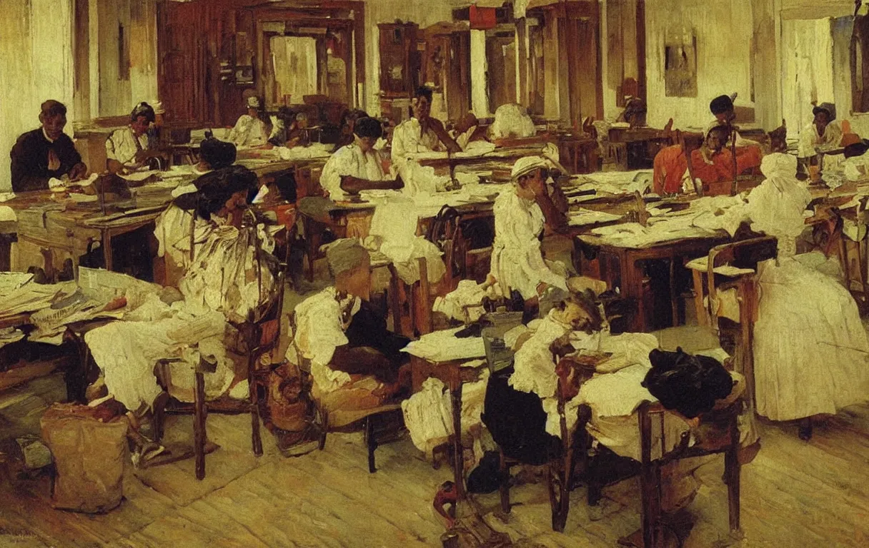 Prompt: colonial clerks working in busy office in lagos, 1905, highly colourful oil on canvas, by Ilya Repin