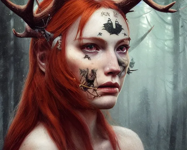 Prompt: 5 5 mm portrait photo of an armored gorgeous aesthetic redhead woman warrior with a face tattoo and antlers growing from her head and cat on her shoulder, in a magical forest. dark atmosphere. art by greg rutkowski. highly detailed 8 k. intricate. lifelike. soft light. nikon d 8 5 0.