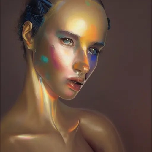 Image similar to a portrait of female young robotic ai artist painting onto a canvas, trending on art station, cosmic, beautiful, by wlop