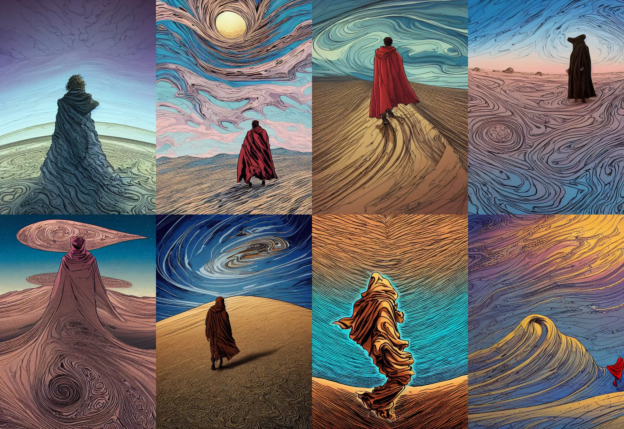 Prompt: a man in a cloak walking on a desertic and crackled landscape, swirly clouds, art by aaron horkey and moebius, high details, contrasted colors, cinematic, cgsociety 8 k