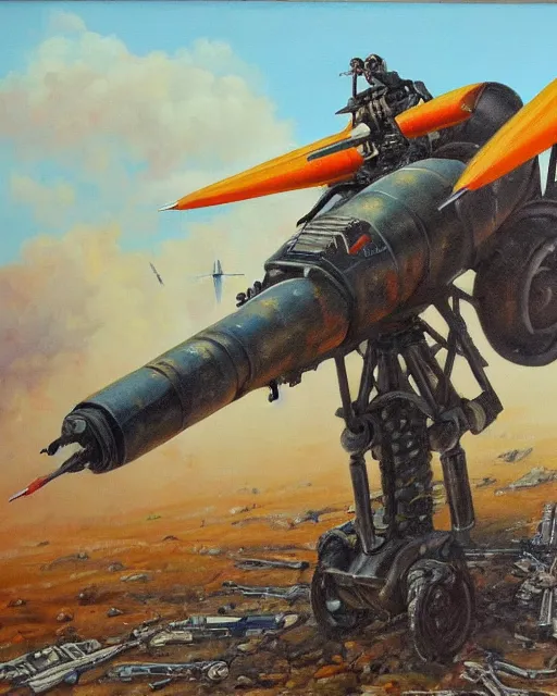Image similar to portrait of a sukhoi mech armed with rockets and a minigun, oil painting, soviet ( ( ( airplane ) ) ), tribal yurta, postapocalyptic, sharp focus