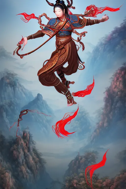 Image similar to nezha flies around swiftly on his wind flame circles in ruin chinese city, masterpiece, chinese mythology, top view, cinematic, fantasy character portrait, highly detailed, by new gods : nezha reborn, nezha : birth of the demon child, ne zha from smite, trending on artstation, concept art, flame everywhere,