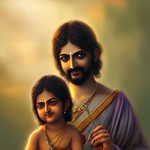 Prompt: Krishna and Jesus, digital art, artstation, award winning, realism, very detailed, masterpiece