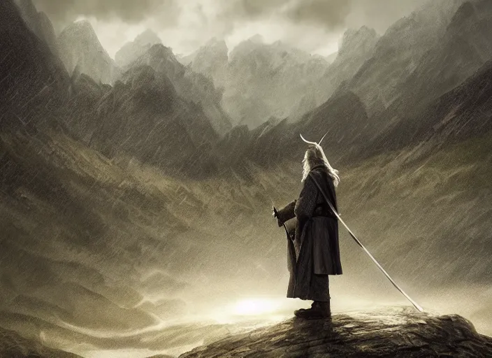 Image similar to gandalf standing up, beautiful landscape, dramatic lighting, cinematic, establishing shot, night time, heavy rain, extremly high detail, photorealistic, cinematic lighting, post processed, concept art, artstation, matte painting, style by greg rutkowsky