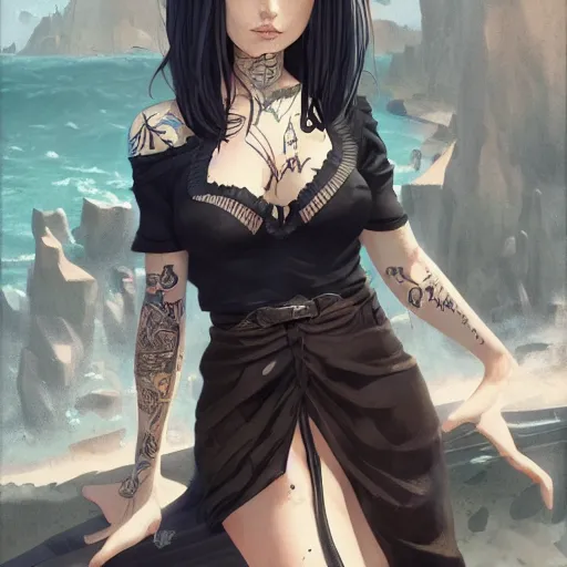 Image similar to enchanting bar maid, tattoos, black t - shirt, black skirt, detailed portrait, intricate complexity, by greg rutkowski, artgerm, ross tran, conrad roset, takato yomamoto, ilya kuvshinov. 4 k, beautiful, cinematic dramatic atmosphere