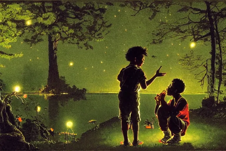 Prompt: a scenic view of a black boy talking to a phatom in the middle of a magical forest with glow-worm lights near a lake, detailed, cinematic, dramatic scene, retro illustration by Norman Rockwell.