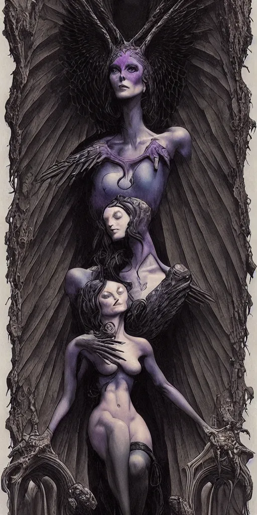 Image similar to raven perched on a bust of beautiful woman in a dark gothic room gothic, full frame, by wayne barlowe, peter mohrbacher, kelly mckernan, james o barr