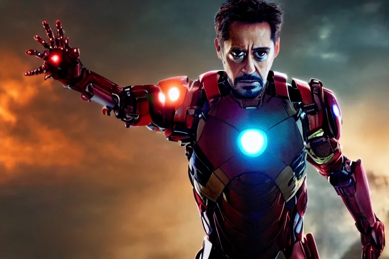 Prompt: film still of zombie zombie Tony Stark as a zombie in new avengers movie, 4k