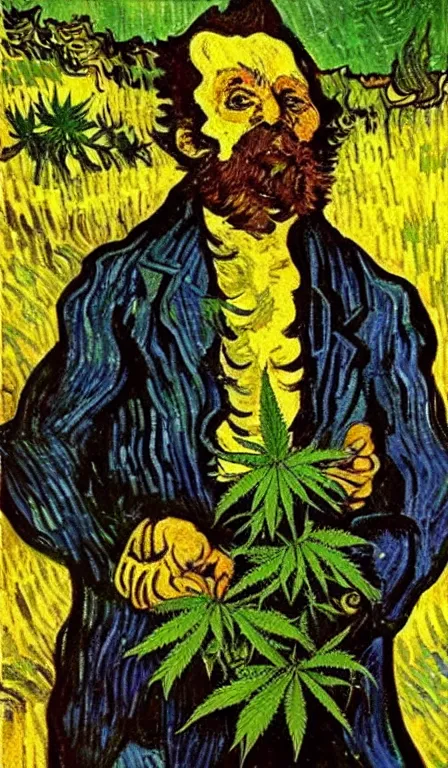 Image similar to devil spreads his hands against the background of growing cannabis. an oil painting in the style of van gogh