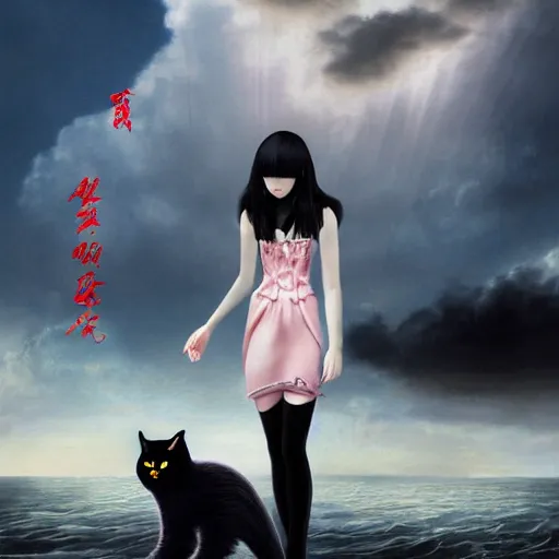 Prompt: style of Guo Hua ,young vampire and her black cat , full body , realistic, detailed, white, light pink tonalities, beautiful collage technique including clouds, sea, wind, ornate sea background, beautiful Fantasy detailed trending on artstation, oil painting,Dramatic lighting, eterea , high quality print, fine art with subtle redshift rendering