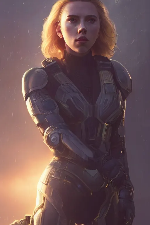 Prompt: a fancy portrait of a Scarlett Johansson wearing sci-fi armour by Greg Rutkowski, Sung Choi, Mitchell Mohrhauser, Maciej Kuciara, Johnson Ting, Maxim Verehin, Peter Konig, final fantasy , mythical, 8k photorealistic, cinematic lighting, HD, high details, atmospheric,