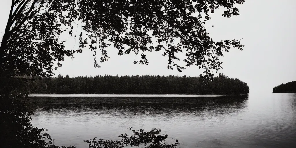 Image similar to symmetrical photograph of a very long rope on the surface of the water, the rope is snaking from the foreground towards the center of the lake, a dark lake on a cloudy day, trees in the background, moody scene, dreamy kodak color stock, anamorphic lens