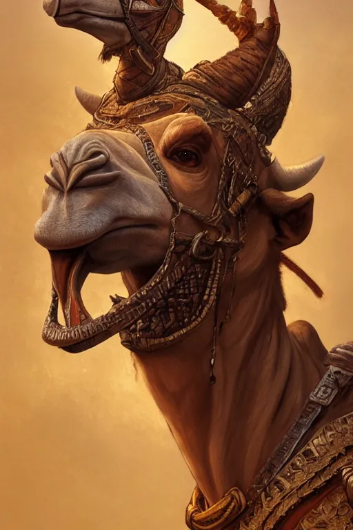 Image similar to ultra realistic illustration, a camel - headed warrior from baldurs gate and diablo, intricate from baldurs gate, elegant, highly detailed, digital painting, artstation, concept art, smooth, sharp focus, illustration, art by artgerm and greg rutkowski and alphonse mucha