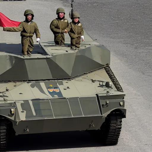 Image similar to russian soldiers in full uniform ride on an armored personnel carrier with the flag of the russian empire