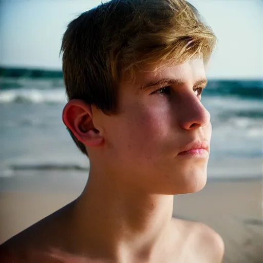 Image similar to Portrait of a sad looking teenage boy, around 20 yo, natural blonde hair and smooth pale skin. Fisher net tank top, Award winning photograph.