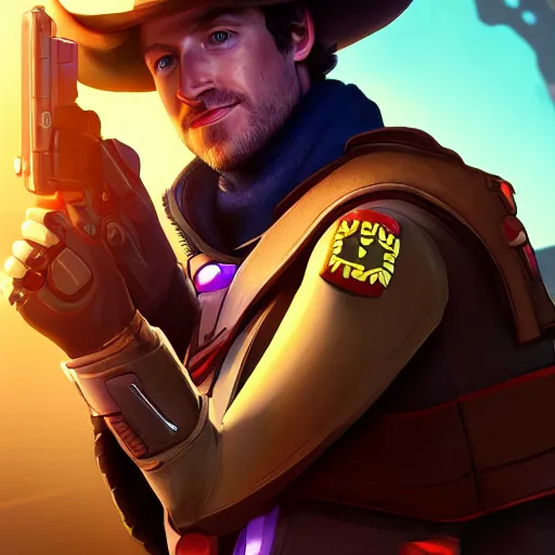 Image similar to a screenshot of mark zuckerberg as mccree in overwatch, portrait, fantasy, beautiful face, vivid colors, elegant, concept art, sharp focus, digital art, hyper - realistic, 4 k, unreal engine, highly detailed, hd, dramatic lighting by brom, trending on artstation