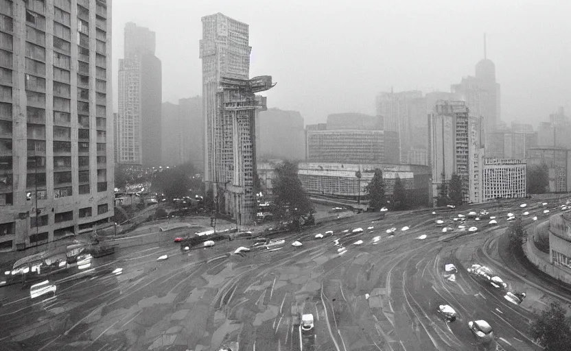 Image similar to high quality 2000s historic footage of soviet boulevard with stanilist style high rise and pedestrians, aerial photo night vision, Cinestill 800t 18mm, heavy grainy picture, very detailed, high quality, 4k panoramic, billboards and streetlight at night, rain, mud, foggy