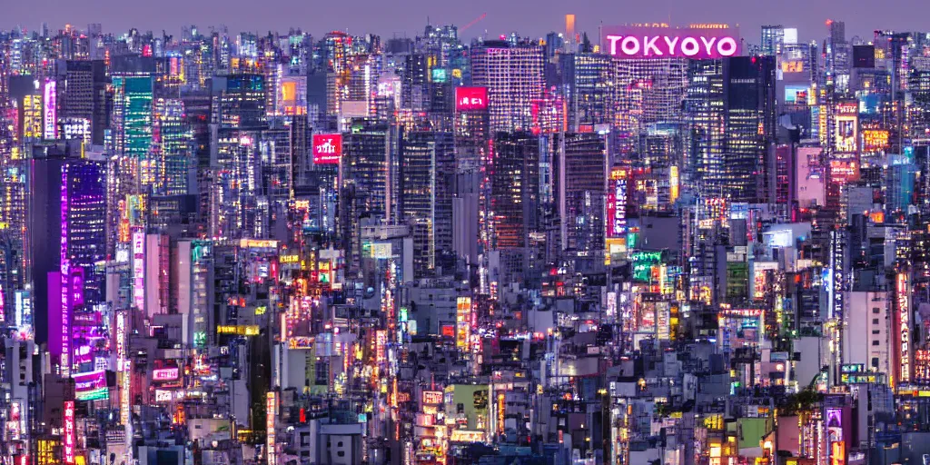 Prompt: tokyo japan cityscape view from a rooftop. the city is full of bright, neon lights and towering skyscrapers, with a dark and gritty atmosphere, more significant buildings and signs on billboards like joker cards and brands, more neon lights purple and yellow, sharp, high res, procreate painting