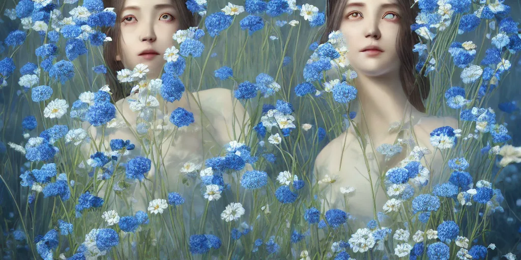 Image similar to goddess of nemophila flowers portrait, amalgamation of leaves and flowers, orthodox saint, beautiful raking sunlight, nemophila flowers. intricate artwork by Hsiao-Ron Cheng. octane render, trending on artstation, greg rutkowski. cinematic, hyper realism, high detail, octane render, 8k