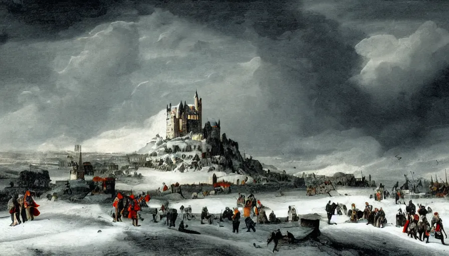 Image similar to huge castle upon a hill covered in snow with a dark cloudy stormy sky, striking landscape, dramatic scene during the first anglo - dutch war painted by jan beerstraaten