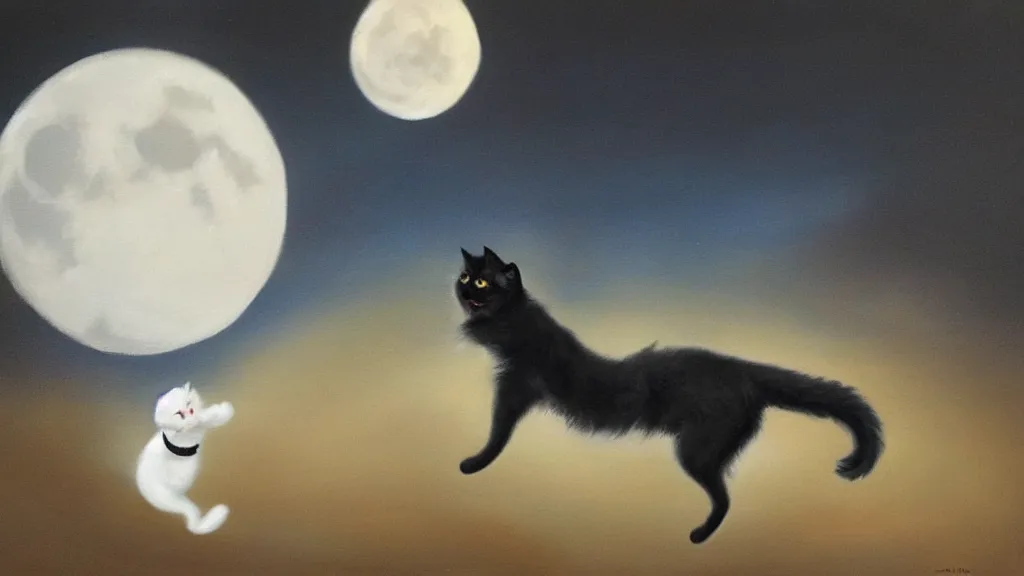 Image similar to a oil painting of a black and white persian cat jumping over a full moon.