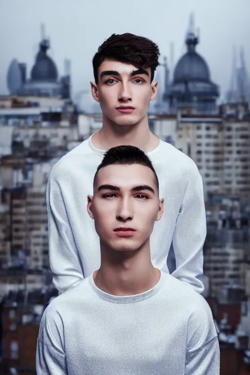 Image similar to un ultra high definition studio quality photographic art portrait of a young man standing on the rooftop of a british apartment building wearing soft padded silver pearlescent clothing. three point light. extremely detailed. golden ratio, ray tracing, volumetric light, shallow depth of field. set dressed.