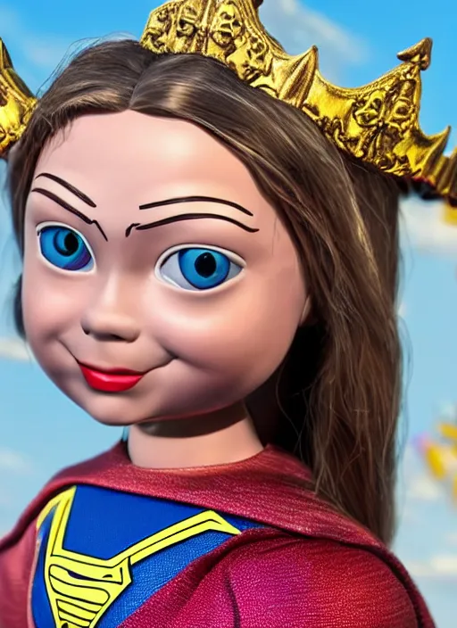 Image similar to closeup face profile portrait of a tin toy greta thunberg as supergirl as a fairytale princess wearing a crown, bikini, depth of field, zeiss lens, detailed, fashion photoshoot, by nicoletta ceccoli, mark ryden, lostfish, breathtaking, 8 k resolution, extremely detailed, beautiful, establishing shot, artistic, hyperrealistic, octane render