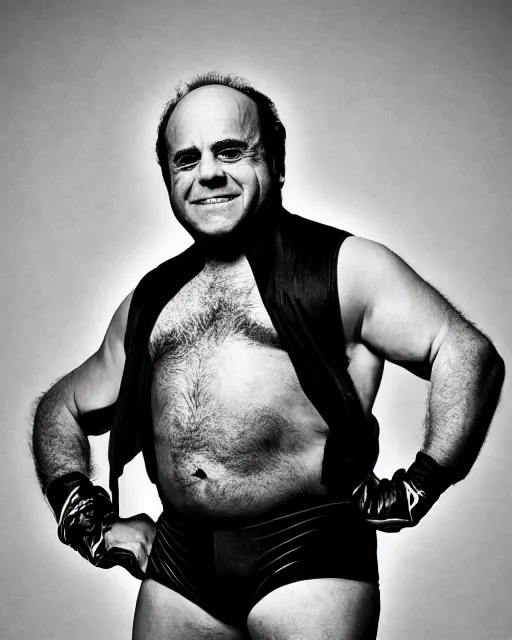 Prompt: portrait of danny devito as a wrestler. photographic, photography