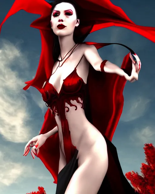 Prompt: female vampire, ascending from sky, hands out, red silk and metal dress, fantasy, horror, elegant, high detailed, digital art, artstation, perfect face, detailed - face, hard focus, illustration