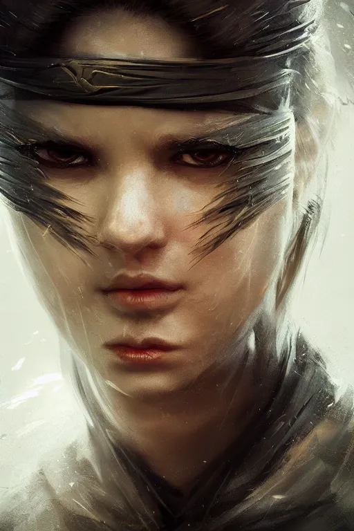 Image similar to powerfull and fierce ninja, close - up portrait, fierce, intricate, elegant, volumetric lighting, scenery, digital painting, highly detailed, artstation, sharp focus, illustration, concept art, ruan jia, steve mccurry