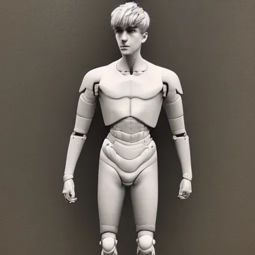 Image similar to “a realistic detailed photo of a guy who is an attractive humanoid who is half robot and half humanoid, who is a male android, twitch streamer Ninja Tyler Blevins, shiny skin, posing like a statue, blank stare”