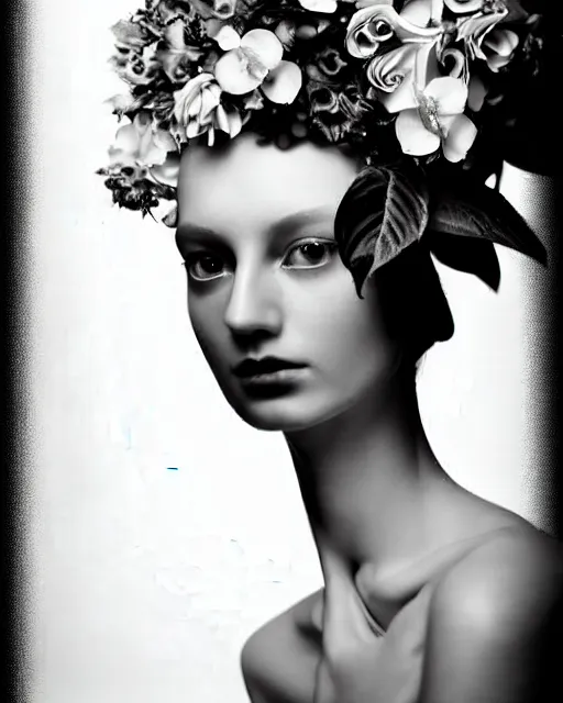 Image similar to a black and white high quality dreamy photo of a young beautiful female queen-pale dragon-vegetal-many big steampunk flowers-cyborg bust with a very long neck, elegant, highly detailed, poetic, soft, dreamy, mysterious, high fashion, in the style of Horst P. Horst, Realistic, Refined, Digital Art, Highly Detailed, Cinematic Lighting, rim light, black and white, photo-realistic, 8K