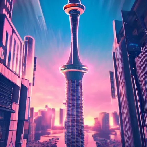 Image similar to auckland city and sky tower furturistic beacon, dynamic lighting, cinematic composition, upside down stranger things, cyberpunk, evil, artstation, octane render